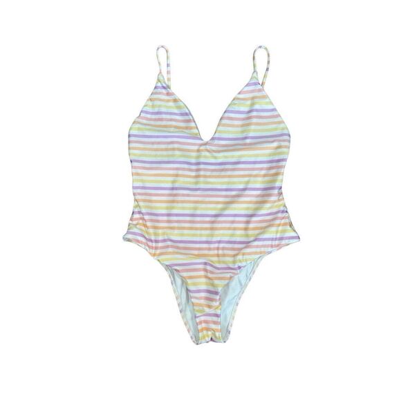 PacSun LA Hearts One Piece Swimsuit Women’s S Pink/Orange/Yellow Stripes Low Cut - Picture 1 of 7